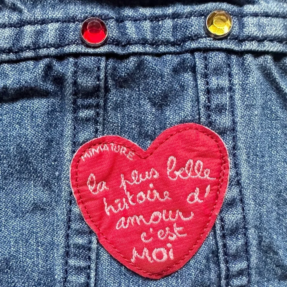 Vtg Miniature 18M Jean Denim Vest Red Heart Gems Button Up Baby Girl France